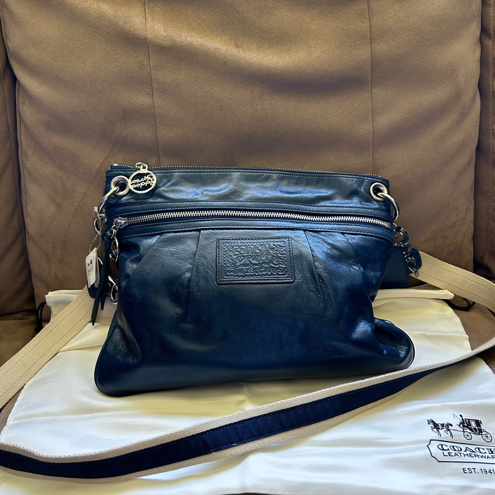 Authentic Coach Poppy Blue Glazed Leather Crossbody Hipster Shoulder Bag Purse - Picture 3 of 10